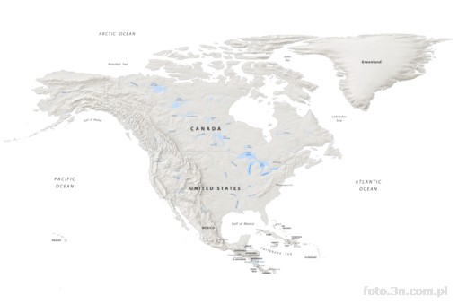 map; continent; mainland; North America; terrain relief; United States; Canada; Greenland