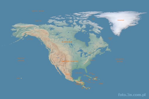 map; continent; mainland; North America; terrain relief; United States; Canada; Greenland