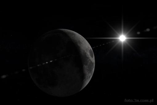 moon; waxing crescent; sun; flare; stars; cosmos; space